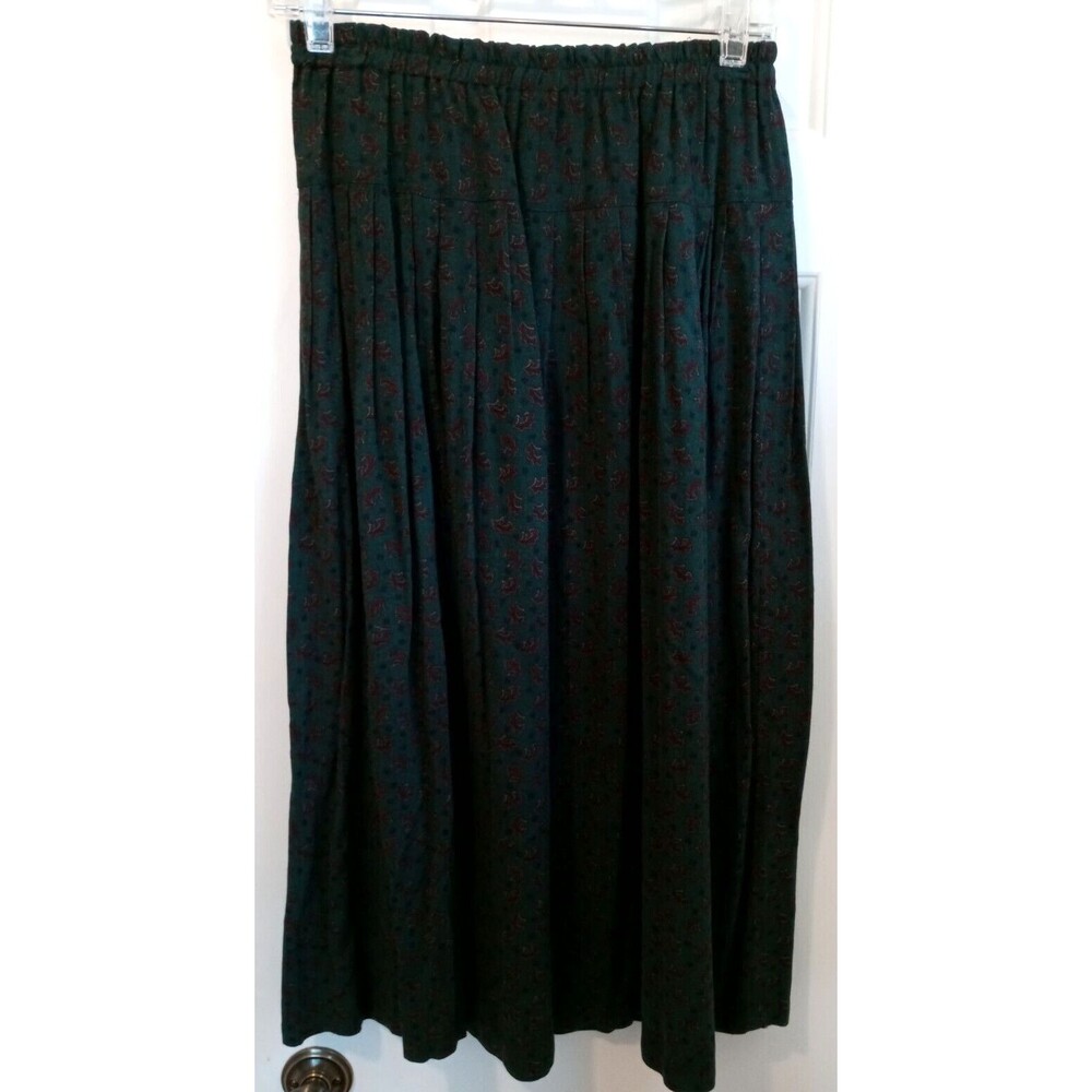 Midi 33" Skirt Women’s Green Patterned Elastic Waist Small Vintage Boho Cottage